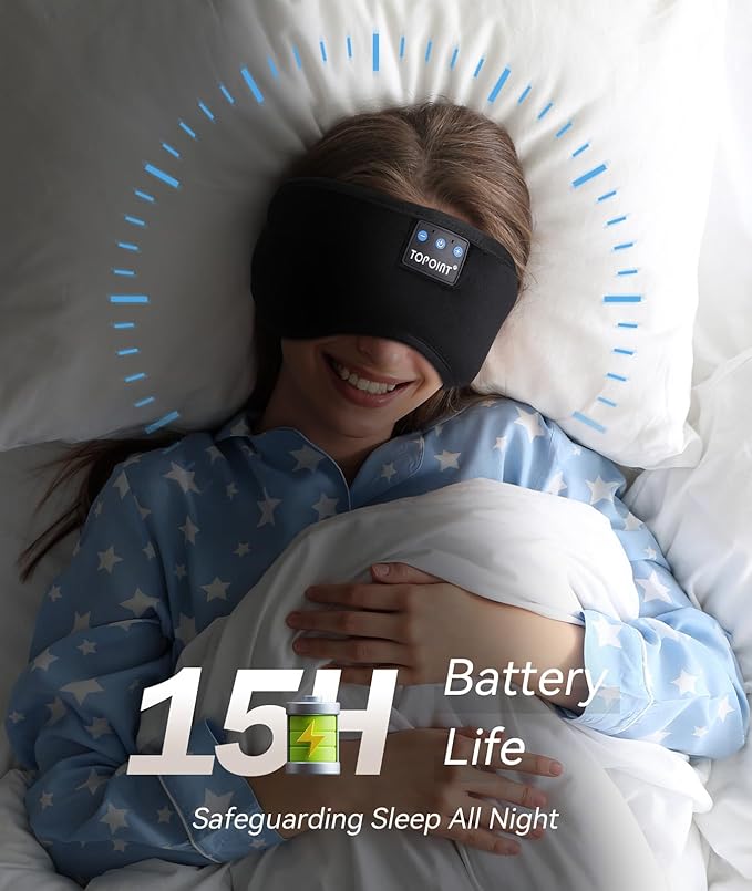 TOPOINT Sleep Headphones, Bluetooth Sleep Mask with Bluetooth Headphones Cotton Sleeping Headphones Bluetooth Eye Mask with Microphone Hands Free Light Blackout for Side Sleepers Father's Day Gift