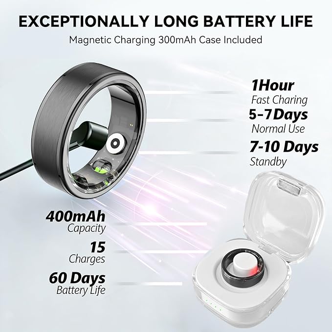 Smart Ring for Women Men,Fitness Ring with 24/7 Activity Tracking,Stress,Sleep Monitoring,No APP Subscription Fees,Compatible with iOS & Android, HarmonyOS Black, 7#