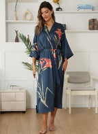 Kihnop Women's Floral Long Kimono Robe Long Satin Robe Long Silk Robe Ladies Kimonos Silky Bathrobe Cover Up, One Size