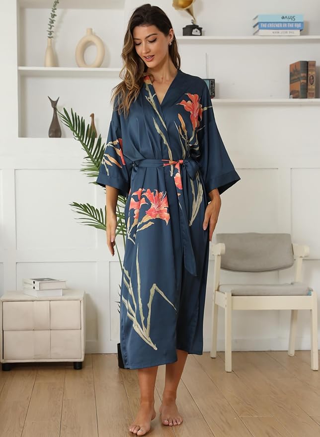 Kihnop Women's Floral Long Kimono Robe Long Satin Robe Long Silk Robe Ladies Kimonos Silky Bathrobe Cover Up, One Size