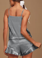 Aamikast Womens Silk Satin Pajama Sets Sexy Cami Ruffled Shorts Sets 2 Piece Pjs Sleepwear