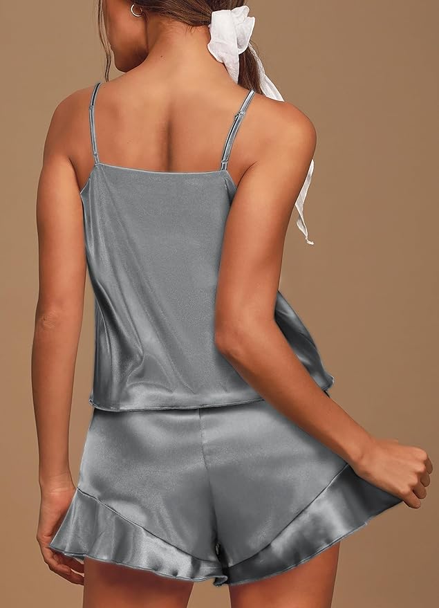 Aamikast Womens Silk Satin Pajama Sets Sexy Cami Ruffled Shorts Sets 2 Piece Pjs Sleepwear