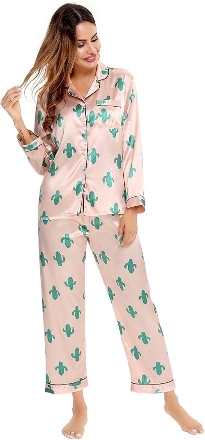 SWOMOG Womens Silk Satin Pajamas Set Long Sleeve Button Down Sleepwear 2 Piece Lounge Set Pj Set XS-3XL
