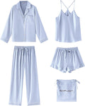 SAPJON Satin Silk Pajamas for Women Set 5PCS Classic Button Down Pajamas Top and Pants Cami and Ruffle Shorts Sleepwear