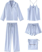 SAPJON Satin Silk Pajamas for Women Set 5PCS Classic Button Down Pajamas Top and Pants Cami and Ruffle Shorts Sleepwear