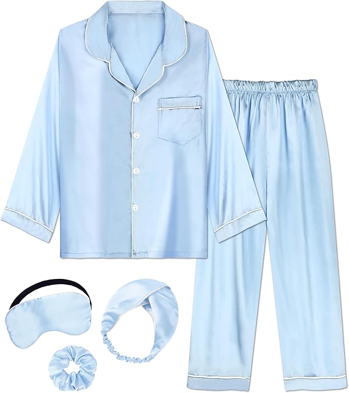 EPLAZA Kids Satin Pajamas Sets Girls Boys Button-Down Silky Pajamas Sleepwear with Hairband Eye Mask Hair Tie