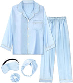 EPLAZA Kids Satin Pajamas Sets Girls Boys Button-Down Silky Pajamas Sleepwear with Hairband Eye Mask Hair Tie