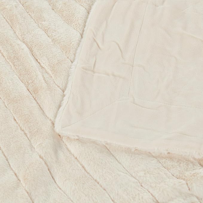 Striped Throw Blanket and Pillow Covers Set (No Inserts) for Couch and Bed, Plush Warm Lightweight Fuzzy Faux Fur Blanket for All Seasons (50" x 60", Cream)