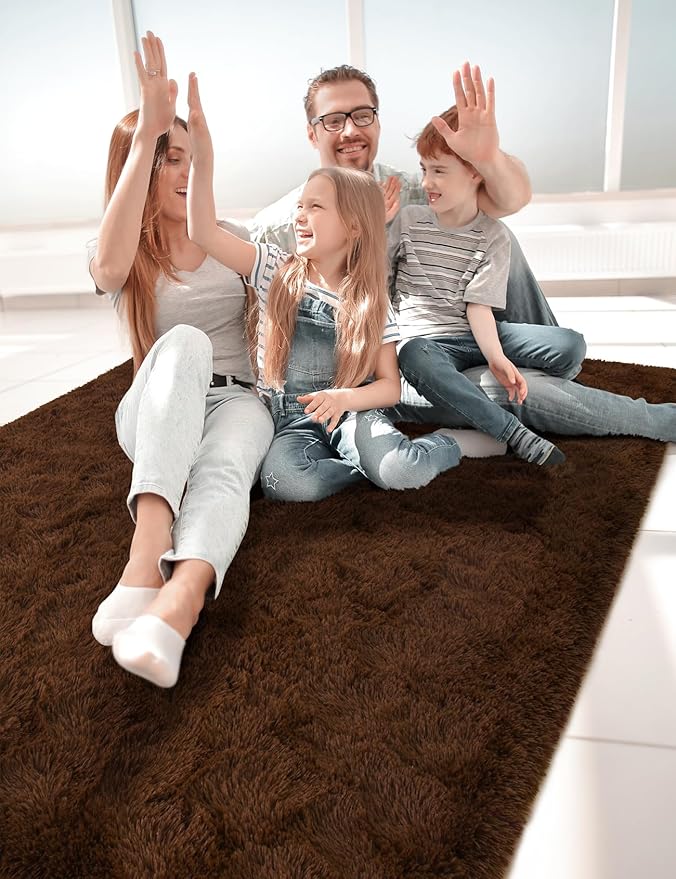 Macgace Fluffy Area Rugs for Bedroom Decor Aesthetic, 3x5 Brown Shag Rug with Non-Slip Dots for Living Room, Furry Plush Mat Washable Fuzzy Carpet Modern Home Decor for Kids Nursery Teens Room