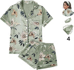 WJing Yi Jia 4Pcs Womens Satin Silky Pajama Sets Short Sleeve Shirt XS-4XL Floral Pajamas Set Soft PJ Loungewear Sleepwear