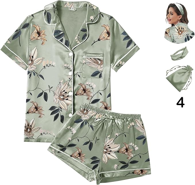 WJing Yi Jia 4Pcs Womens Satin Silky Pajama Sets Short Sleeve Shirt XS-4XL Floral Pajamas Set Soft PJ Loungewear Sleepwear