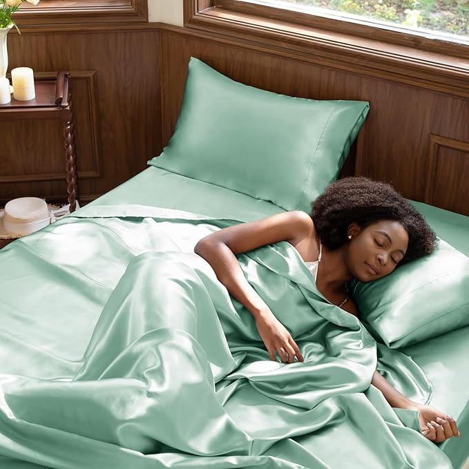 CozyLux Satin Sheets King Size Sheet Set - 4 Piece Silky King Sheets, Luxury Aqua King Bed Set with Smooth and Soft Microfiber, Includes 1 Fitted Sheet, 1 Flat Sheet and 2 Pillowcases