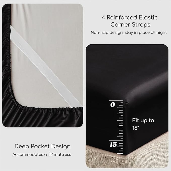 MR&HM Satin Sheets Full Size with Elastic Corner Straps, 4-Piece Silky Bedding Set, Deep Pocket 15 Inches, Good for Hair & Skin (Full, Black)