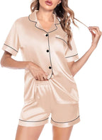 SWOMOG Satin Matching Pajamas Sets Couple Silk Button Down Nightwear Women & Men Short Sleeve Sleepwear 2 Pieces Loungewear