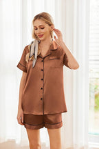Ekouaer Womens Silk Satin Pajama Sets Soft Short Sleeve Button Down Sleepwear Top and Shorts 2 Piece Pjs Lounge Set
