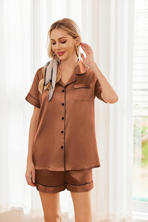 Ekouaer Womens Silk Satin Pajama Sets Soft Short Sleeve Button Down Sleepwear Top and Shorts 2 Piece Pjs Lounge Set