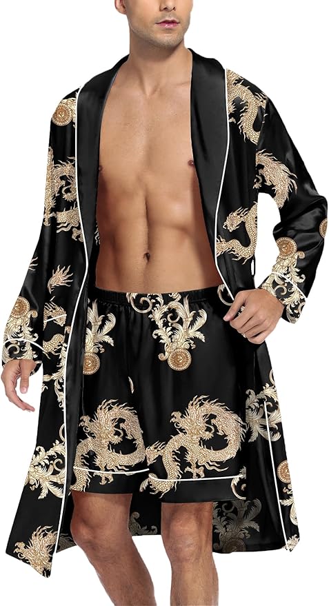 SWOMOG Men's Satin Robe Silky Kimono Bathrobe with Shorts Set Lightweight Soft Loungewear Nightwear