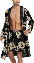 SWOMOG Men's Satin Robe Silky Kimono Bathrobe with Shorts Set Lightweight Soft Loungewear Nightwear