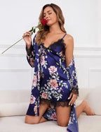 Womens Silk Lingerie Robe Nightgown 2 Piece Pajamas Set Sexy Lace V Neck Cami Satin Sleepwear