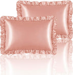 Silky Satin Ruffled Pillow Cases for Hair and Skin,Rose Gold Silk Pillowcases King Set of 2 with Envelope Closure Princess Room