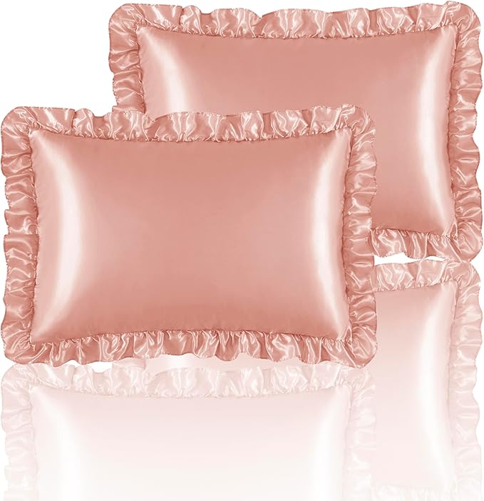 Silky Satin Ruffled Pillow Cases for Hair and Skin,Rose Gold Silk Pillowcases Standard Set of 2 with Envelope Closure Princess Room Decoration