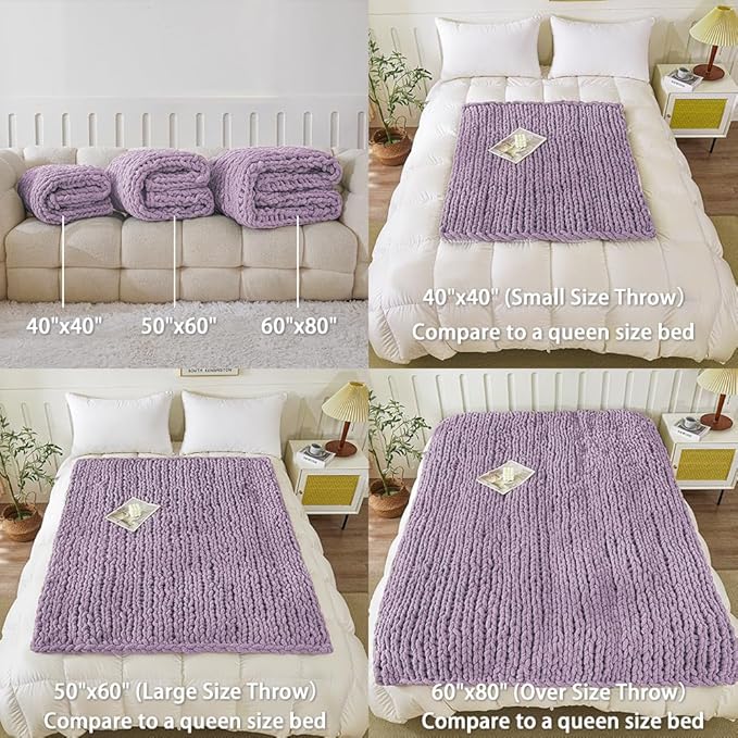 WESHIONGOO Chunky Knit Blanket Throw 51"×63" Knitted Throw Blankets for Couch Bed Fluffy Soft Blanket with Jumbo Chenille Yarn Thick 100% Handmade(Lilac)