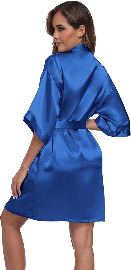 Women's Short Satin Robes Silky Bathrobe Bridesmaid Sleepwear for Wedding Party Getting Ready Solid Color
