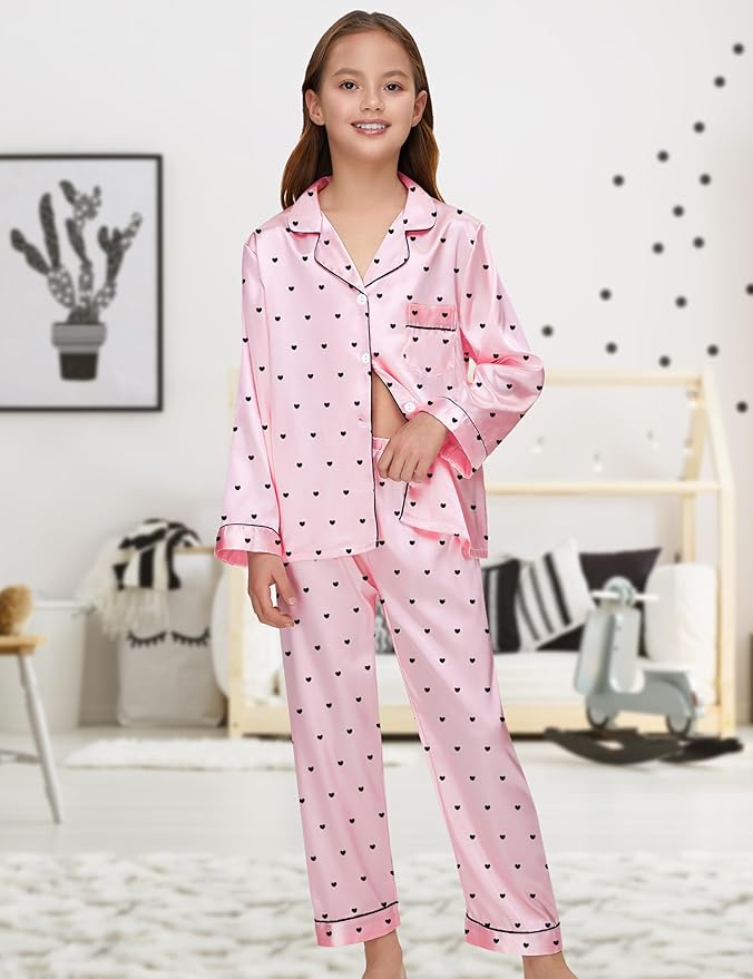 EPLAZA Kids Satin Pajamas Sets Girls Boys Button-Down Silky Pajamas Sleepwear with Hairband Eye Mask Hair Tie