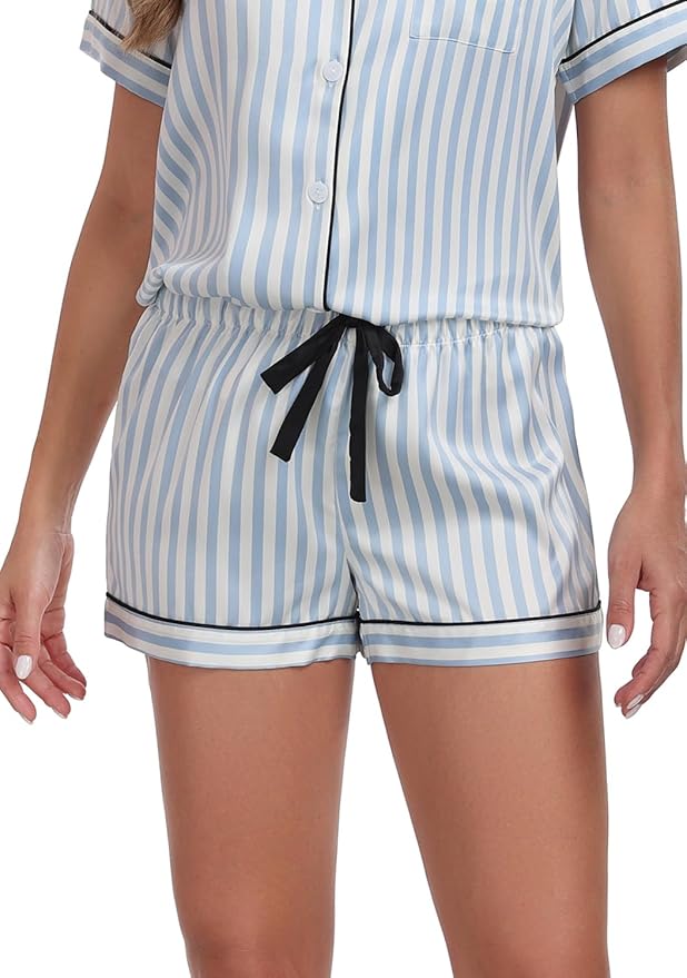 Serenedelicacy Women's Satin Pajama Set 2-Piece Sleepwear Loungewear Button Down Short Sleeve Silky PJ Set