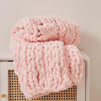 Luxury Chunky Knit Blanket Throw, Handmade Thick Chenille Yarn Throw 40"x40", Blush Pink Cable Knit Crochet Blanket, Decorative Cozy and Soft Crochet Throw Blanket for Couch Home Decor
