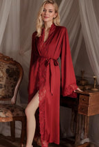 Women Sexy Satin Lace Robe,Long Sleeve Silk Bathrobe with Belt Soft Lightweight Full Length Sleepwear