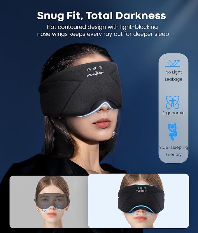 MUSICOZY Bluetooth Sleep Mask Headphones 5.4, Wireless Over-Ear Headphones Washable Zipper Sleep Headphones Mask with HD Stereo Speakers for Side Sleepers Travel & Relaxation, Gifts for Men Women