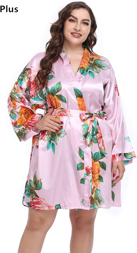 MissNina Women's Floral Satin Kimono Robes Short Silky Bridesmaid Robes Sleepwear