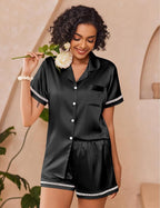 Ekouaer Womens Silk Pajama Sets Button Up Satin Pjs Short Sleeve 2 Piece Pj Sets Cute Lounge Sets with Chest Pocket