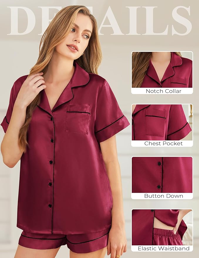 Silk Pajamas for Women Short Sleeve Sleepwear Soft Button Down Loungewear 2 Piece Satin Pjs Shorts Set S-XXL
