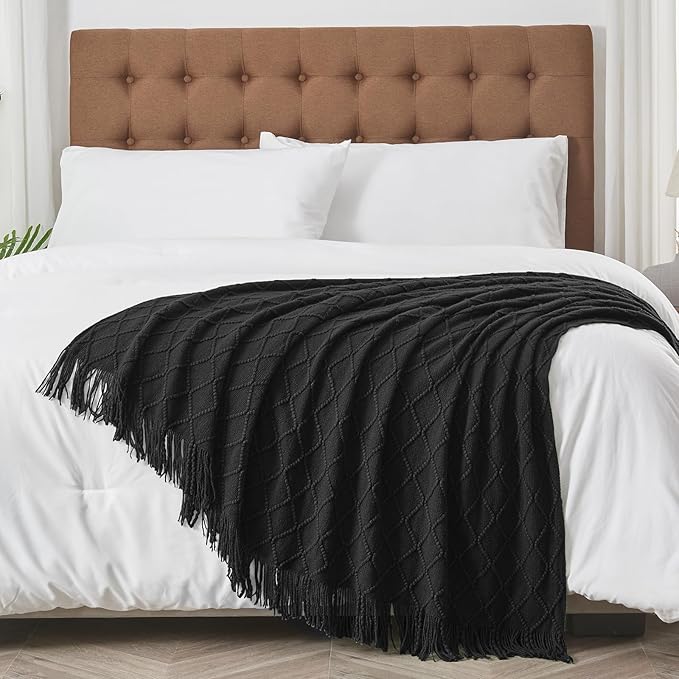 inhand Knitted Throw Blankets for Couch and Bed, Soft Cozy Knit Blanket with Tassel, Black Lightweight Decorative Blankets and Throws, Farmhouse Warm Woven Blanket for Men and Women, 50"x60"