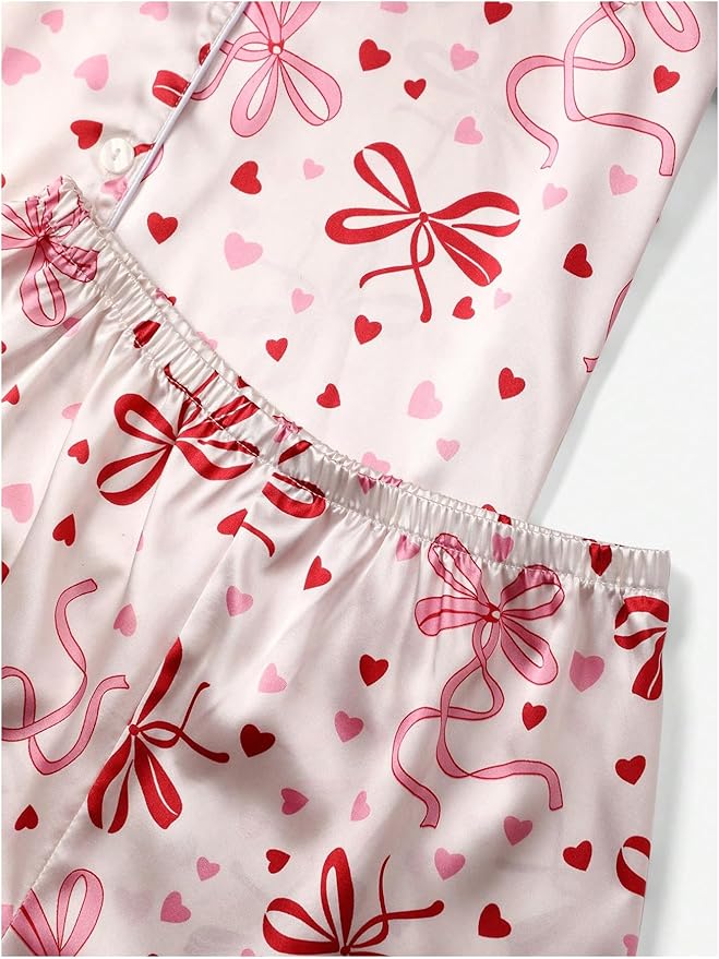 WDIRARA Women's Satin Silk Shorts Pajama Set Bow Print Button Down Short Sleeve 2 Piece Sleepwear