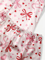 WDIRARA Women's Satin Silk Shorts Pajama Set Bow Print Button Down Short Sleeve 2 Piece Sleepwear