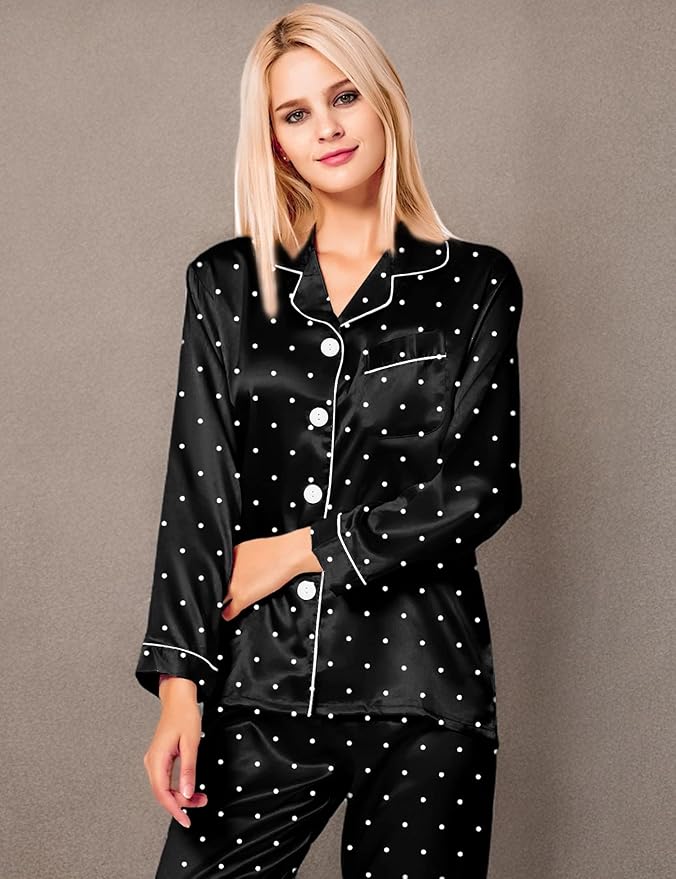 SWOMOG Womens Silk Satin Pajamas Set Long Sleeve Button Down Sleepwear 2 Piece Lounge Set Pj Set XS-3XL