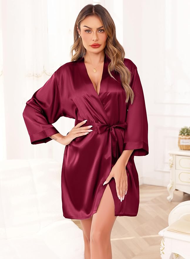 Women's Robes Satin Bathrobe Lightweight Short Silk Kimono V-Neck Bride Bridesmaids Loungewear