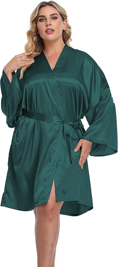 Women's Plus Size Short Silky Bathrobes Satin Kimono Robes Bride Bridesmaid Loungewear Soft Nightgown