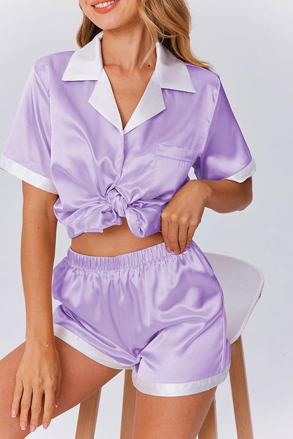Ekouaer Womens Silk Satin Pajama Set Short Sleeve PJs 2 Piece Button Down Top and Shorts Notch Collar Sleepwear Sets Soft Pjs