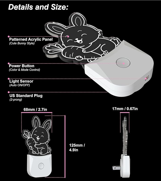 Cute Bunny Night Light (2 Pack), Plug-in, RGB LED Night Lamp with Auto Dusk-to-Dawn Sensor, 9 Colors for Kids Room, Nursery, Bathroom, Baby Shower & Birthday Gift Decor
