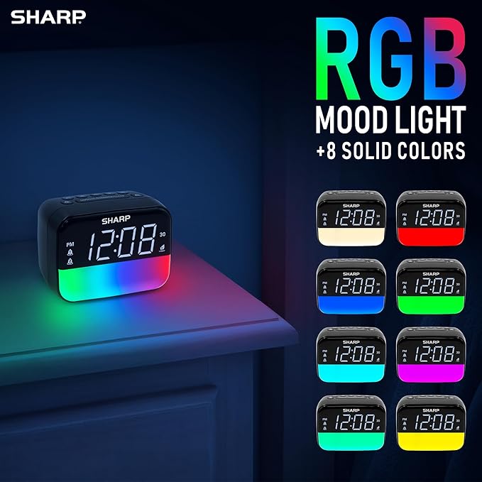 Sharp Multi-Color Bluetooth Alarm Clock with Sleep Sounds, RGB Night Light, Dual Alarms, LED Display with Dimmer, Snooze & Sleep Timer, Bedside Clock with Speaker