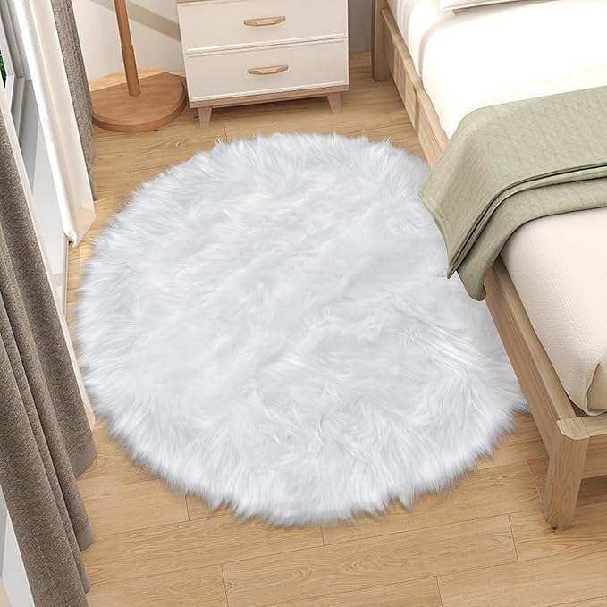 4 ft Fluffy White Round Rug for Bedroom, Furry Faux Sheepskin Fur White Circle Rugs for Living Room Cute Soft Fuzzy Shag Carpet for Kids Girls Room Nursery Dorm