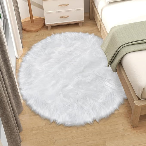 4 ft Fluffy White Round Rug for Bedroom, Furry Faux Sheepskin Fur White Circle Rugs for Living Room Cute Soft Fuzzy Shag Carpet for Kids Girls Room Nursery Dorm