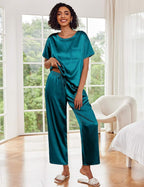 Ekouaer Womens Satin Silky Pajama Set Short Sleeve Shirt with Long Pajama Pant Set Soft PJ Loungewear