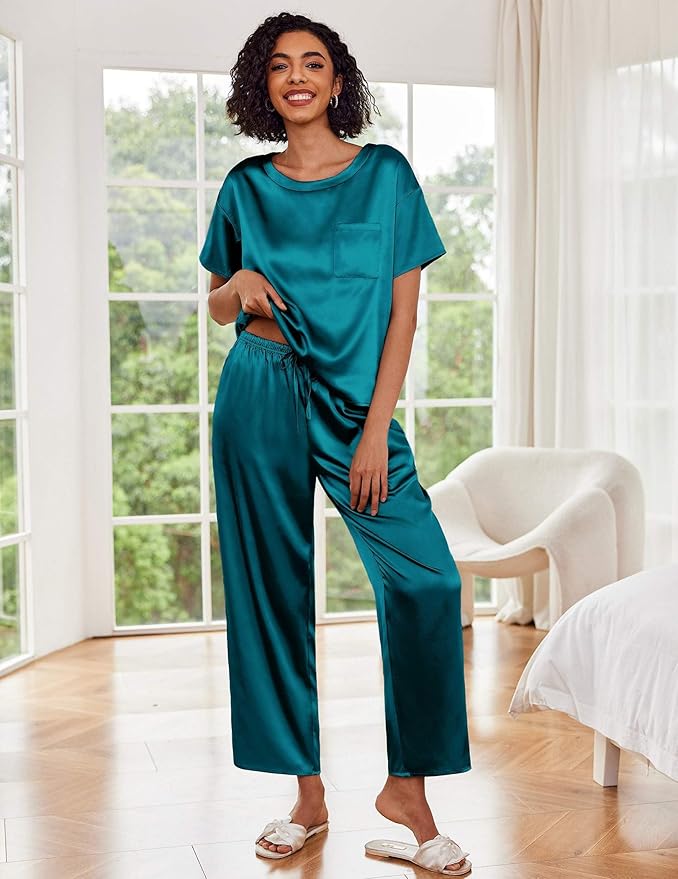Ekouaer Womens Satin Silky Pajama Set Short Sleeve Shirt with Long Pajama Pant Set Soft PJ Loungewear