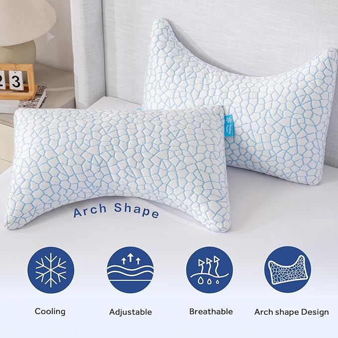 King Cooling Side sleeper pillow for adults, Curved neck support pillow for neck and shoulder pain Relief, Adjustable Shredded Memory Foam Bed Pillow 1 Pack with Additional Foam Fill Included (White)