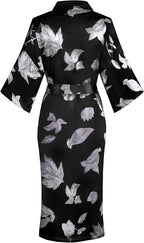 Valennia Women Long Silky Bathrobe Satin Kimono Robe Floral Printed Dressing Gown Sleepwear